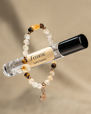 Coffret Saint Valentin Parfum et Bracelet lithothérapie Éclat de Confiance en citrine et œil de tigre, favorisant confiance en soi et protection énergétique.